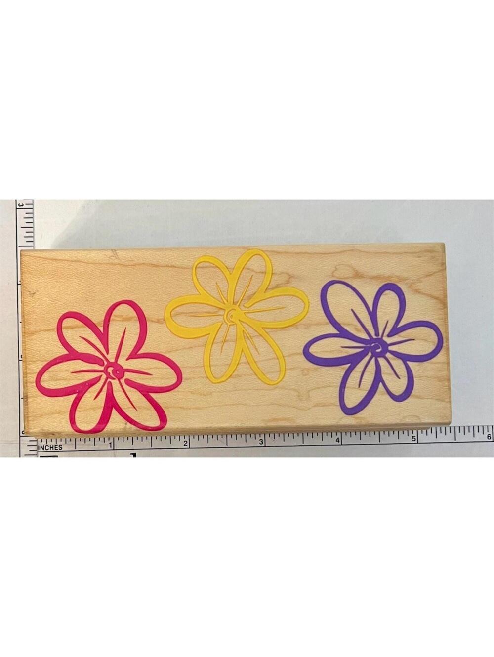 Magenta Wood Mounted Rubber Stamp Triple Flower Border Trio Floral Scrapbooking